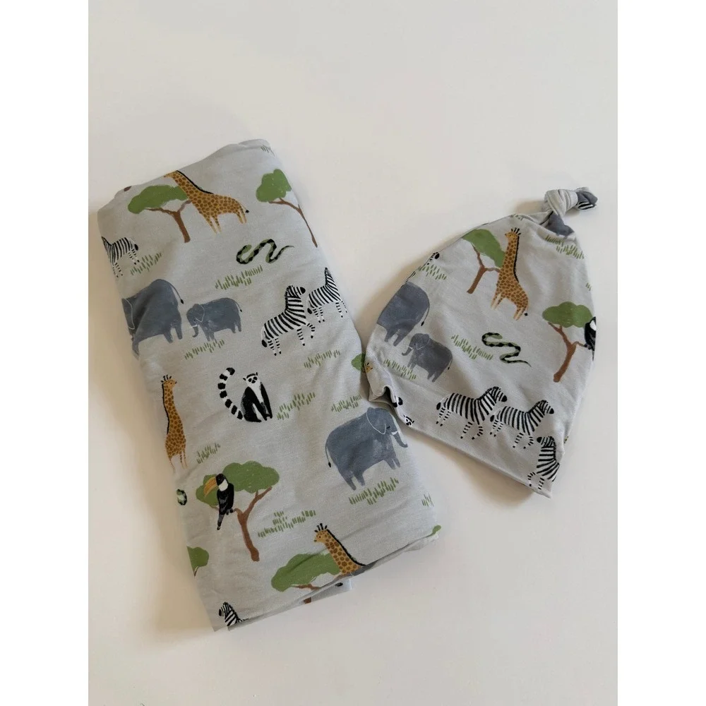 New without Tags Little Sleepies Safari Swaddle Blanket & Hat